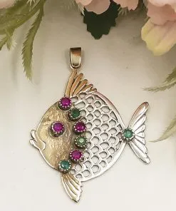 Kırmızı Yeşil Taşlı Otantik Balık Kolye