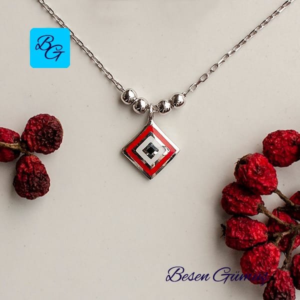 Red White Black Enamel Toplu Square Eye Necklace