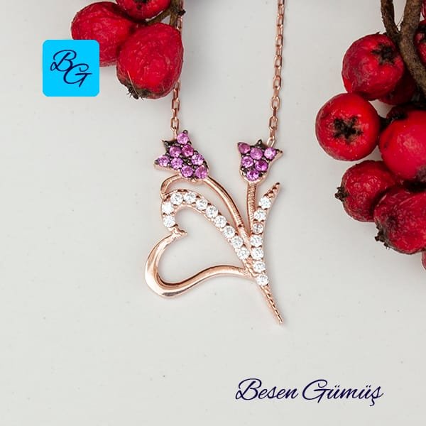 Rose Zircon Stone-set Heart Tulip Necklace