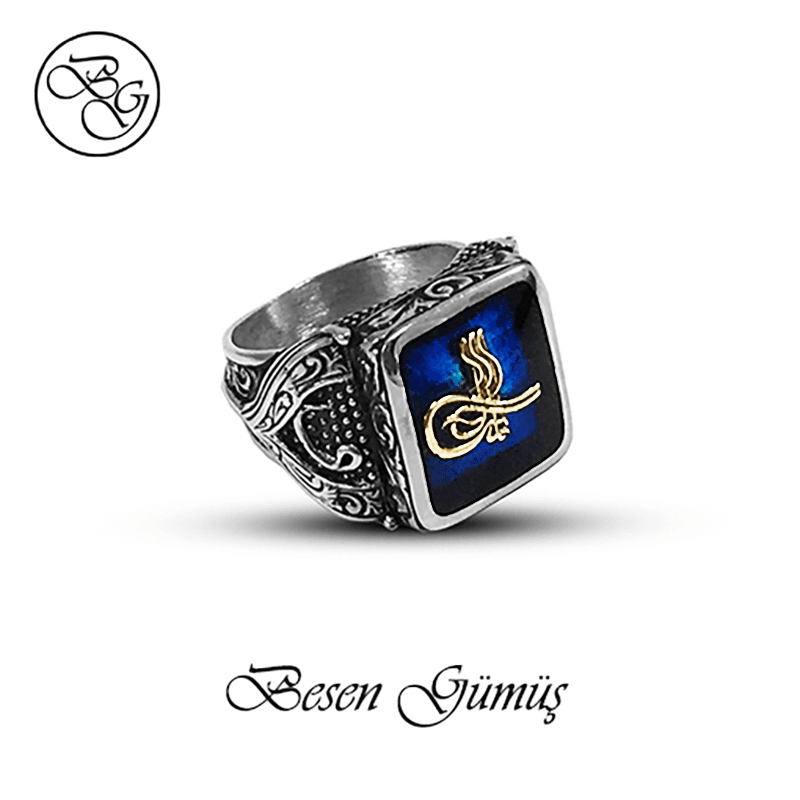 Mineli Tuğralı Gümüş Erkek Yüzük - Görsel 3