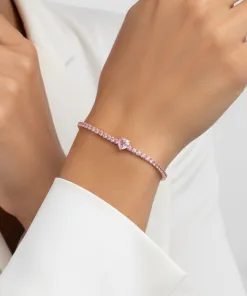 Pembe Altın Kaplama Kalp Taşlı Kadın Tenis Bileklik – Zarif ve Işıltılı Tasarım