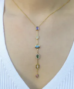 925 Ayar Gümüş Altın Kaplama Renkli Zirkon Taşlı Zarif Kadın Kolye