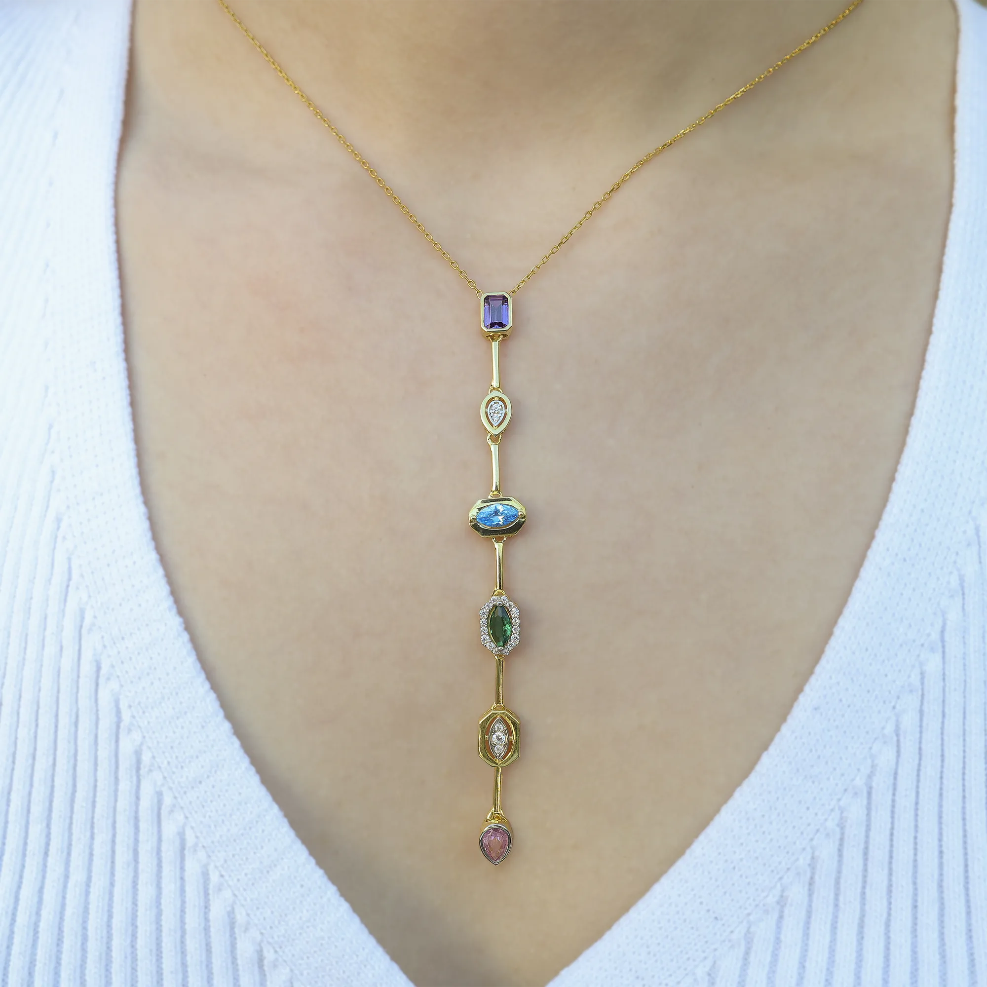 925 Ayar Gümüş Altın Kaplama Renkli Zirkon Taşlı Zarif Kadın Kolye