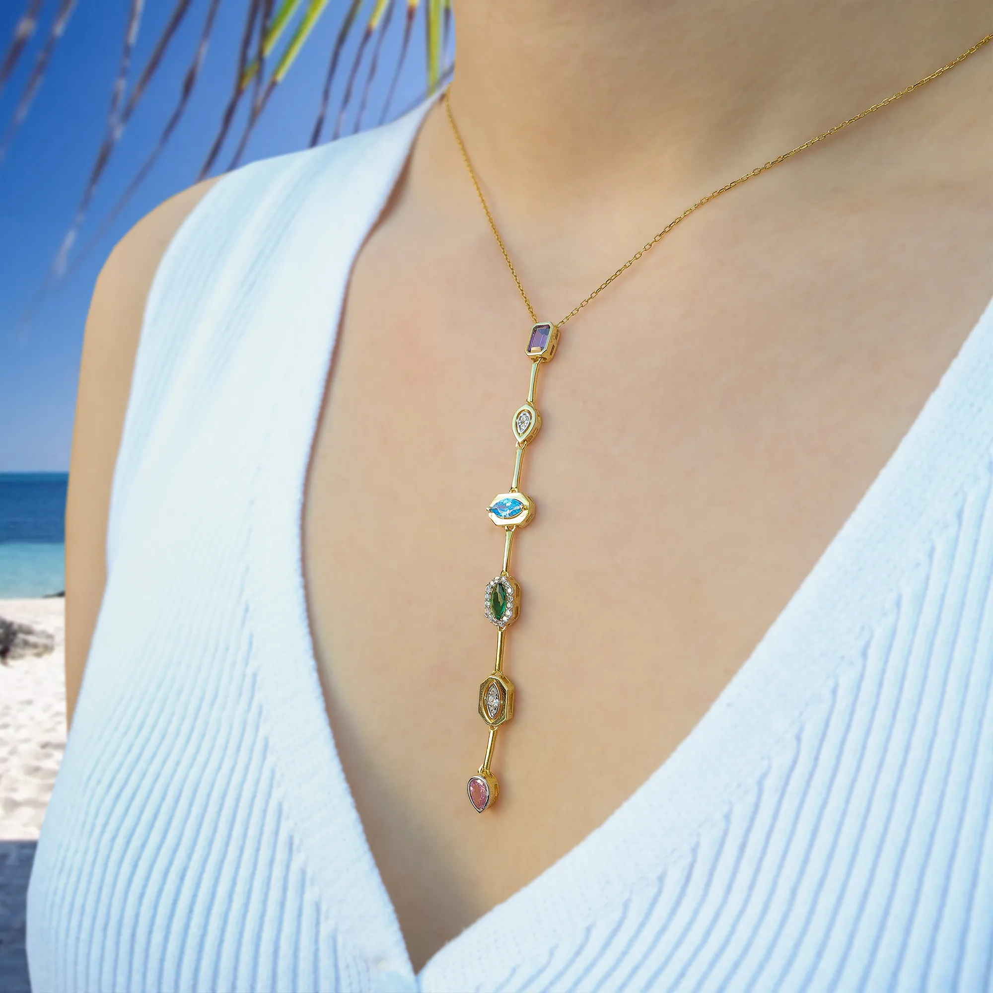 925 Ayar Gümüş Altın Kaplama Renkli Zirkon Taşlı Zarif Kadın Kolye