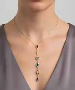 925 Ayar Gümüş Altın Kaplama Renkli Zirkon Taşlı Zarif Kadın Kolye