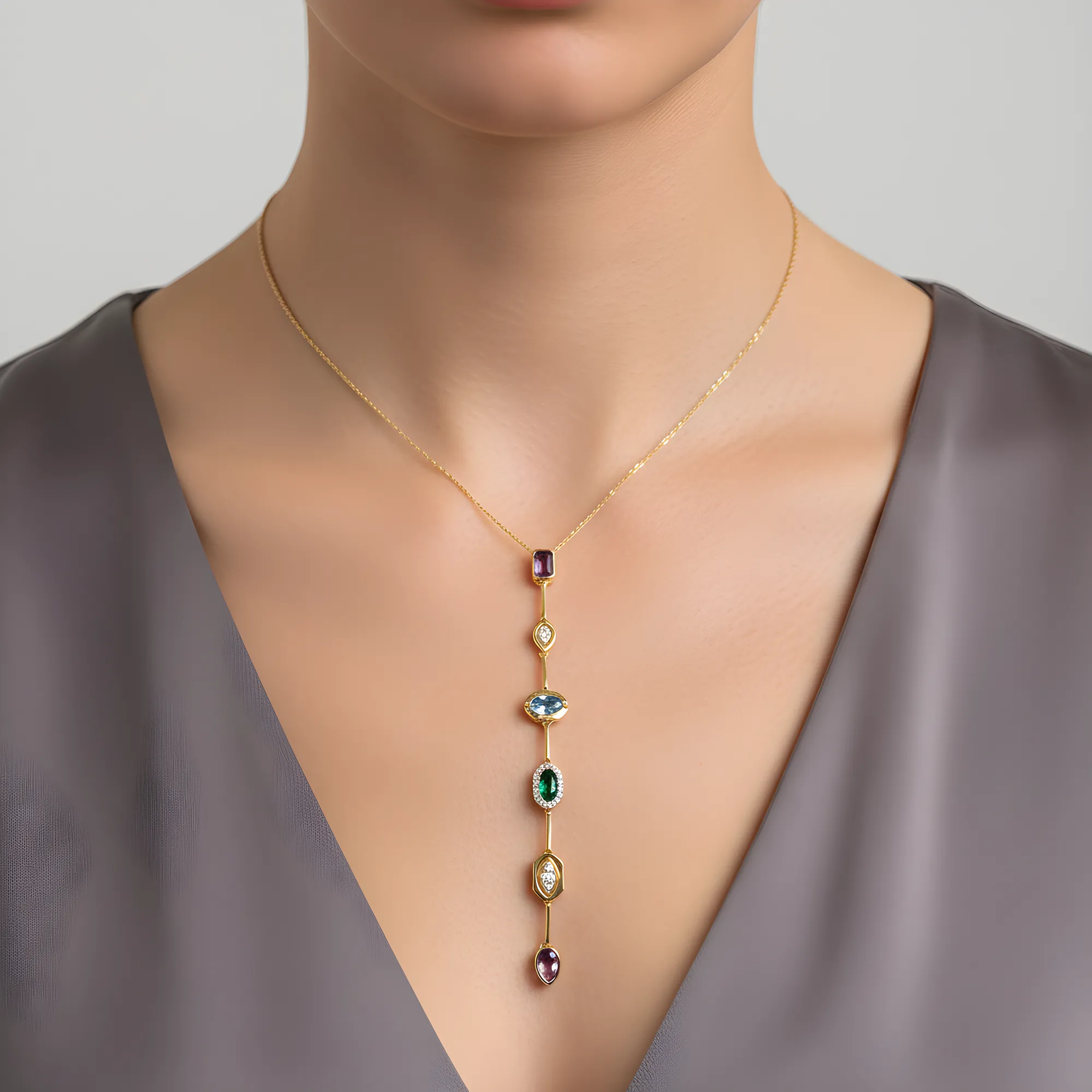 925 Ayar Gümüş Altın Kaplama Renkli Zirkon Taşlı Zarif Kadın Kolye