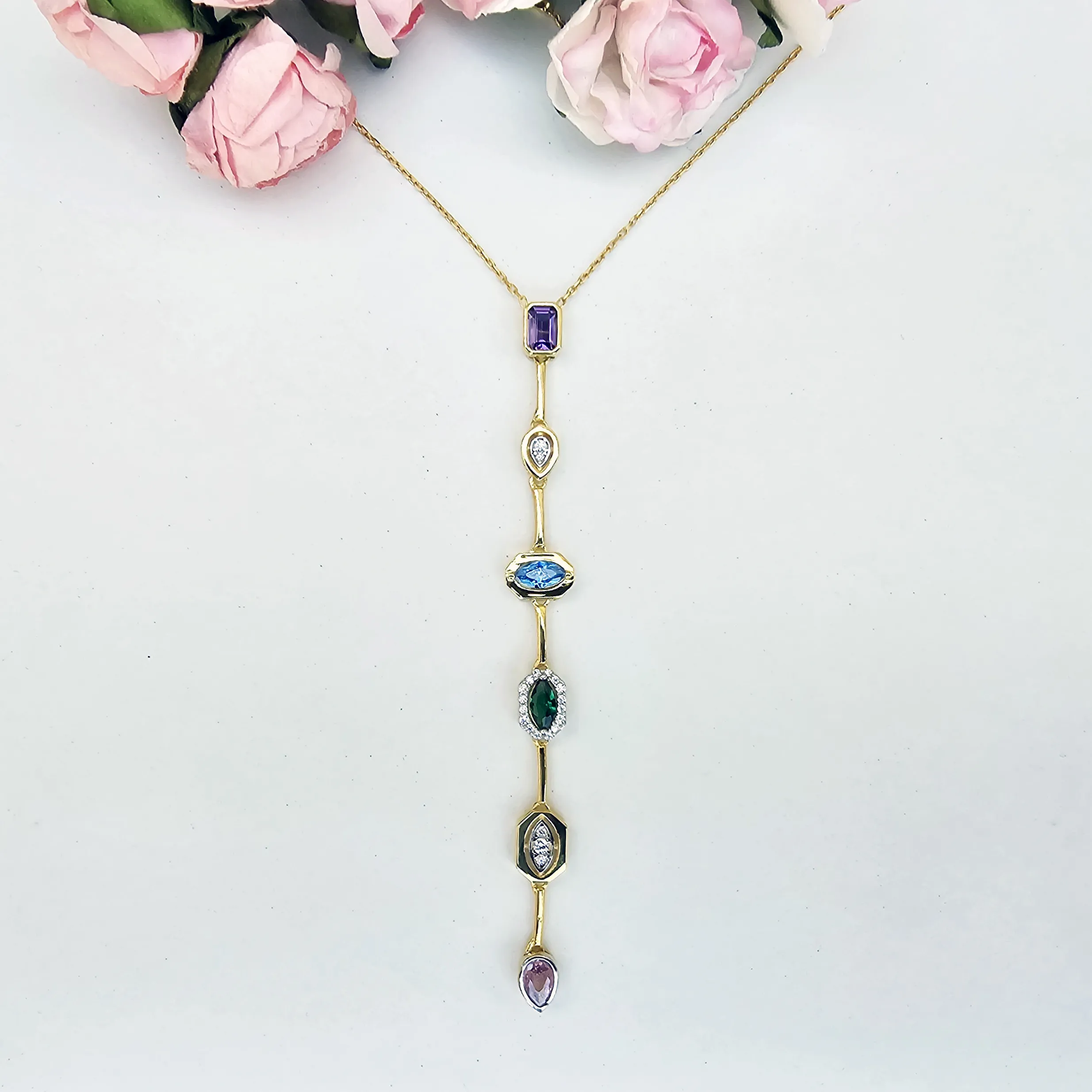 925 Ayar Gümüş Altın Kaplama Renkli Zirkon Taşlı Zarif Kadın Kolye