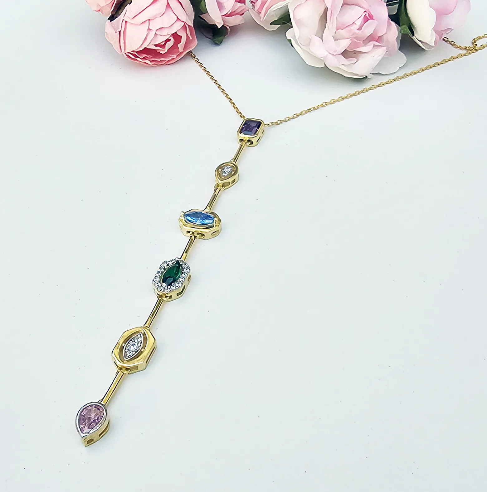 925 Ayar Gümüş Altın Kaplama Renkli Zirkon Taşlı Zarif Kadın Kolye