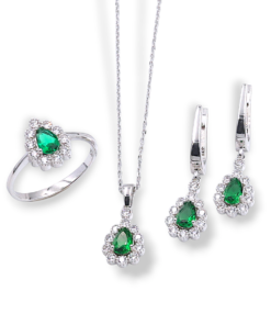 Zümrüt görünümlü damla yeşil taşlı zirkon detaylı 925 ayar gümüş takı seti