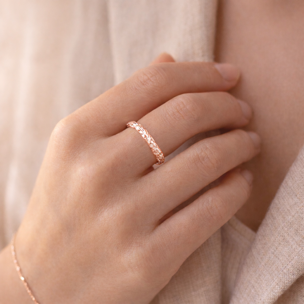 Organik Dokulu 925 Ayar Gümüş Ayarlanabilir Yüzük – Sarı, Rose ve Beyaz - Görsel 3