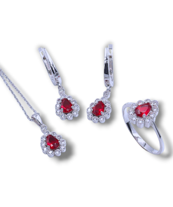 Yakut görünümlü kırmızı damla taşlı zirkon detaylı 925 ayar gümüş takı seti