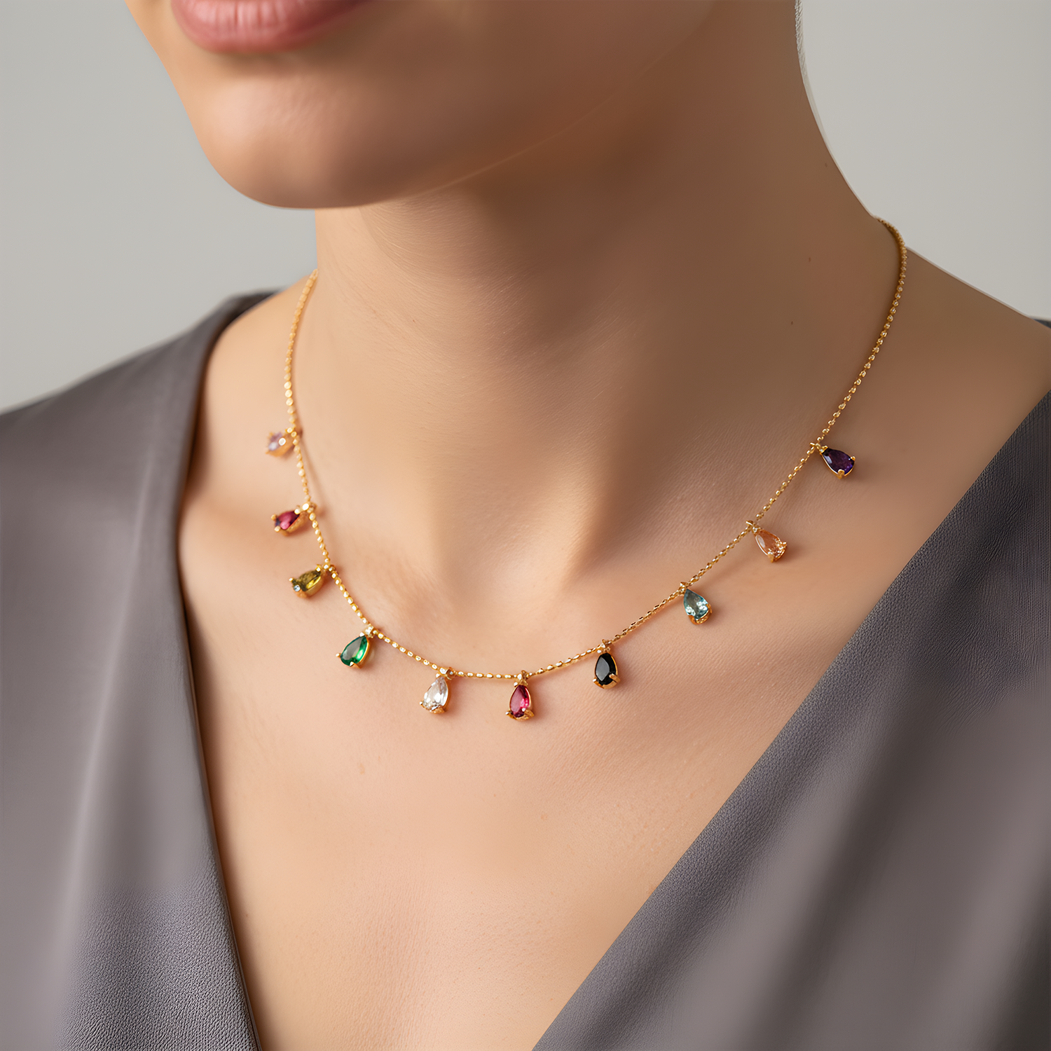 Rose Altın Kaplama Renkli Damla Taşlı Kolye – Minimal Zarif Tasarım - Görsel 2
