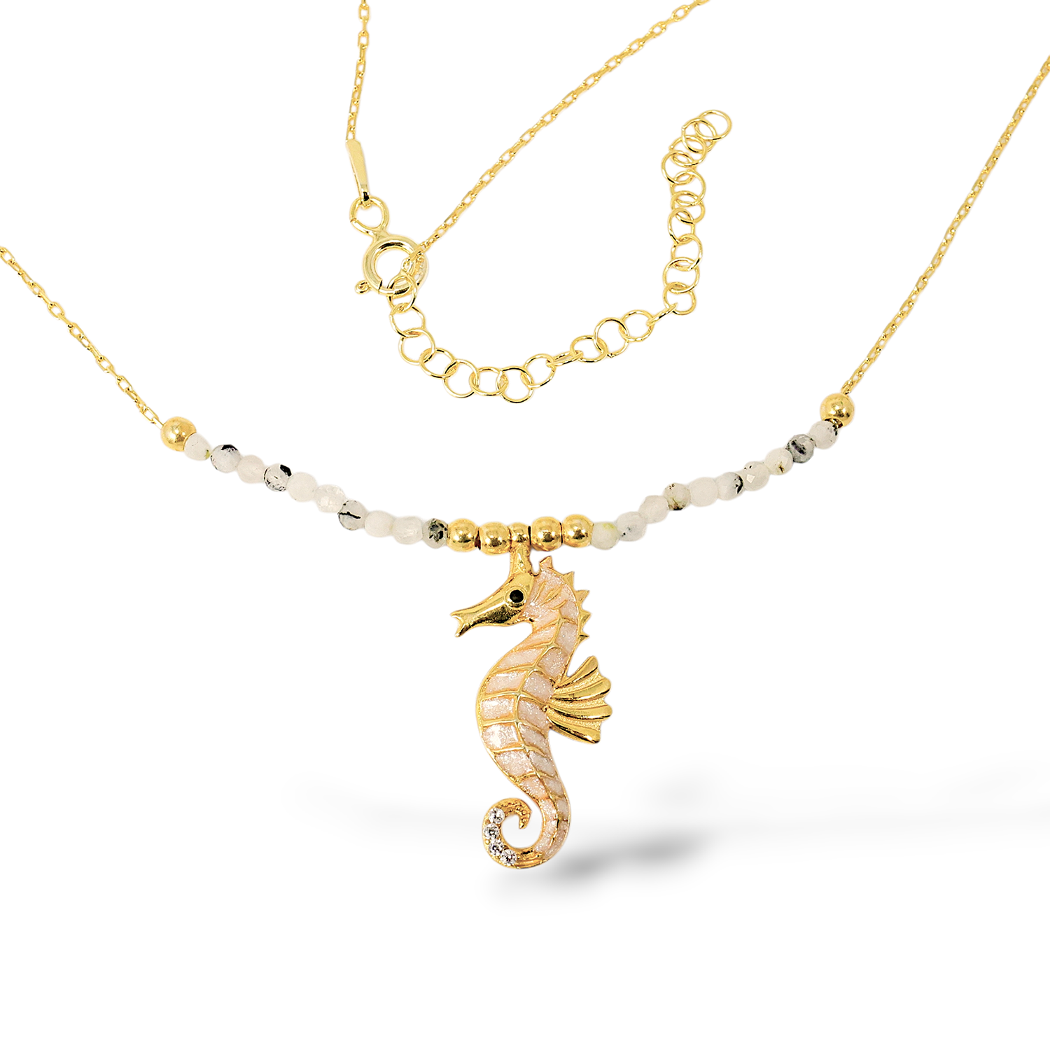 Rutil Kuvars Taşlı Deniz Atı Kolye 925 Ayar Gümüş Altın Kaplama
