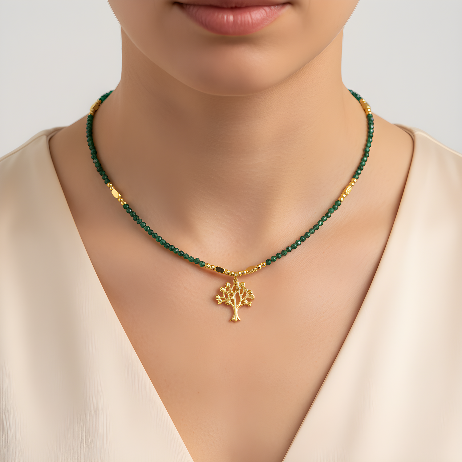Malakit Taşlı Hayat Ağacı Kolye | 925 Ayar Gümüş 18K Altın Kaplama - Görsel 2