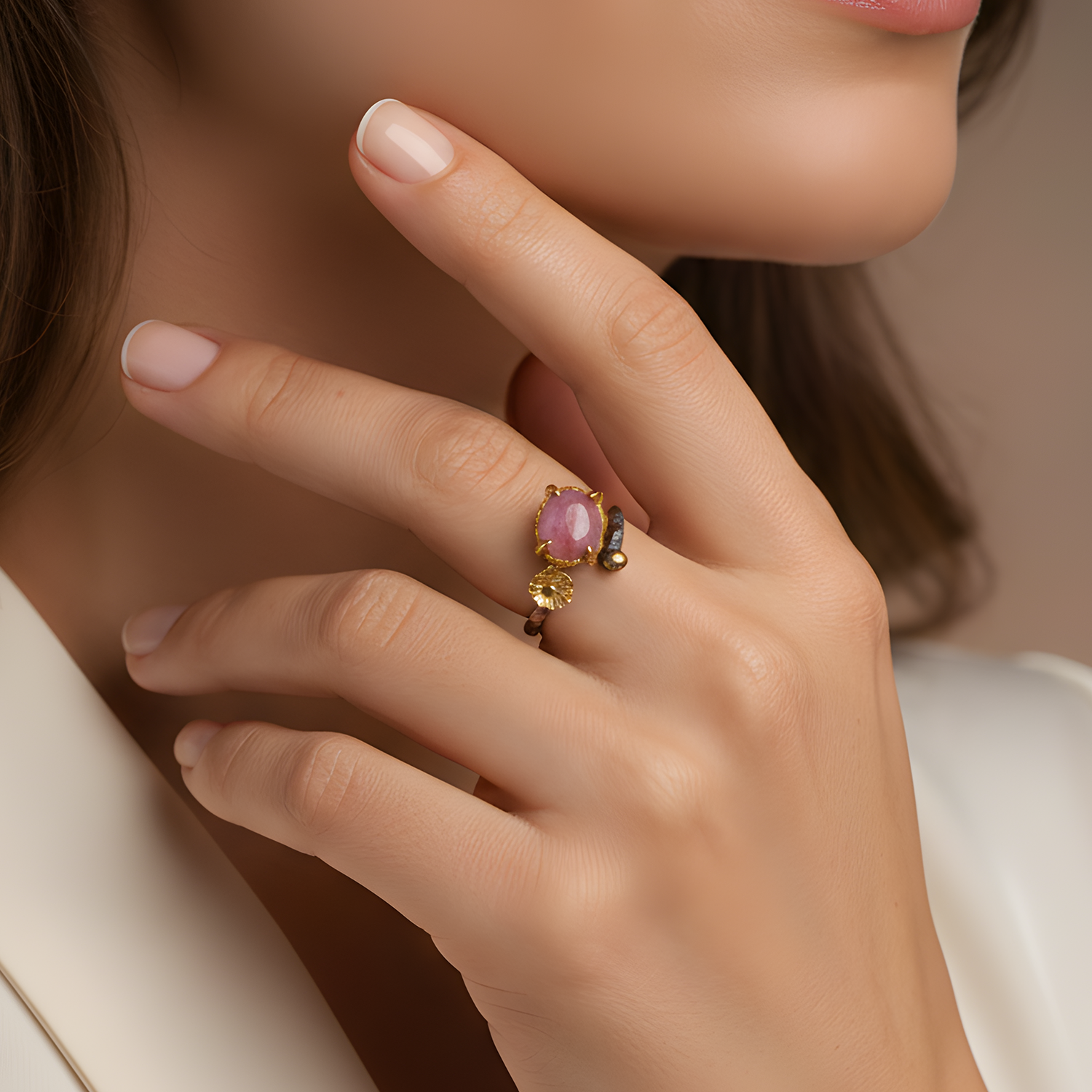 Star Ruby Yüzük – Siyah Rodyum ve Sarı Altın Kaplama Ayarlanabilir El Yapımı Gümüş Yüzük - Görsel 3