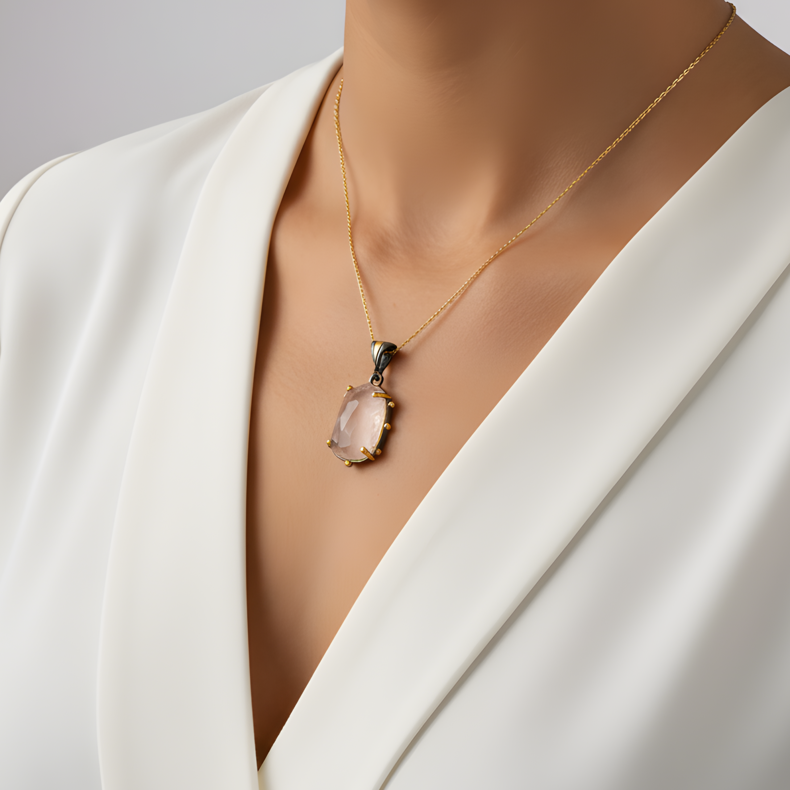 Pembe Kuvars Taşlı Gümüş Kolye – Faset Kesim Doğal Taş Altın Kaplama Tasarım Kolye - Görsel 2