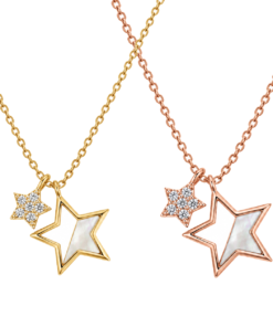 925 ayar gümüş sedefli çift yıldız kolye rose gold ve gold kaplama