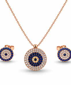925 ayar gümüş rose gold kaplama mavi beyaz zirkon nazar boncuğu kolye küpe seti
