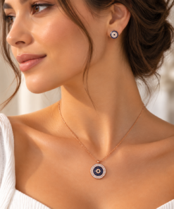 925 Ayar Gümüş Rose Gold Nazar Boncuğu Kolye Küpe Seti - Görsel 2