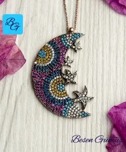 Renkli Zirkon Taşlı Ay Yıldızlar Kolye